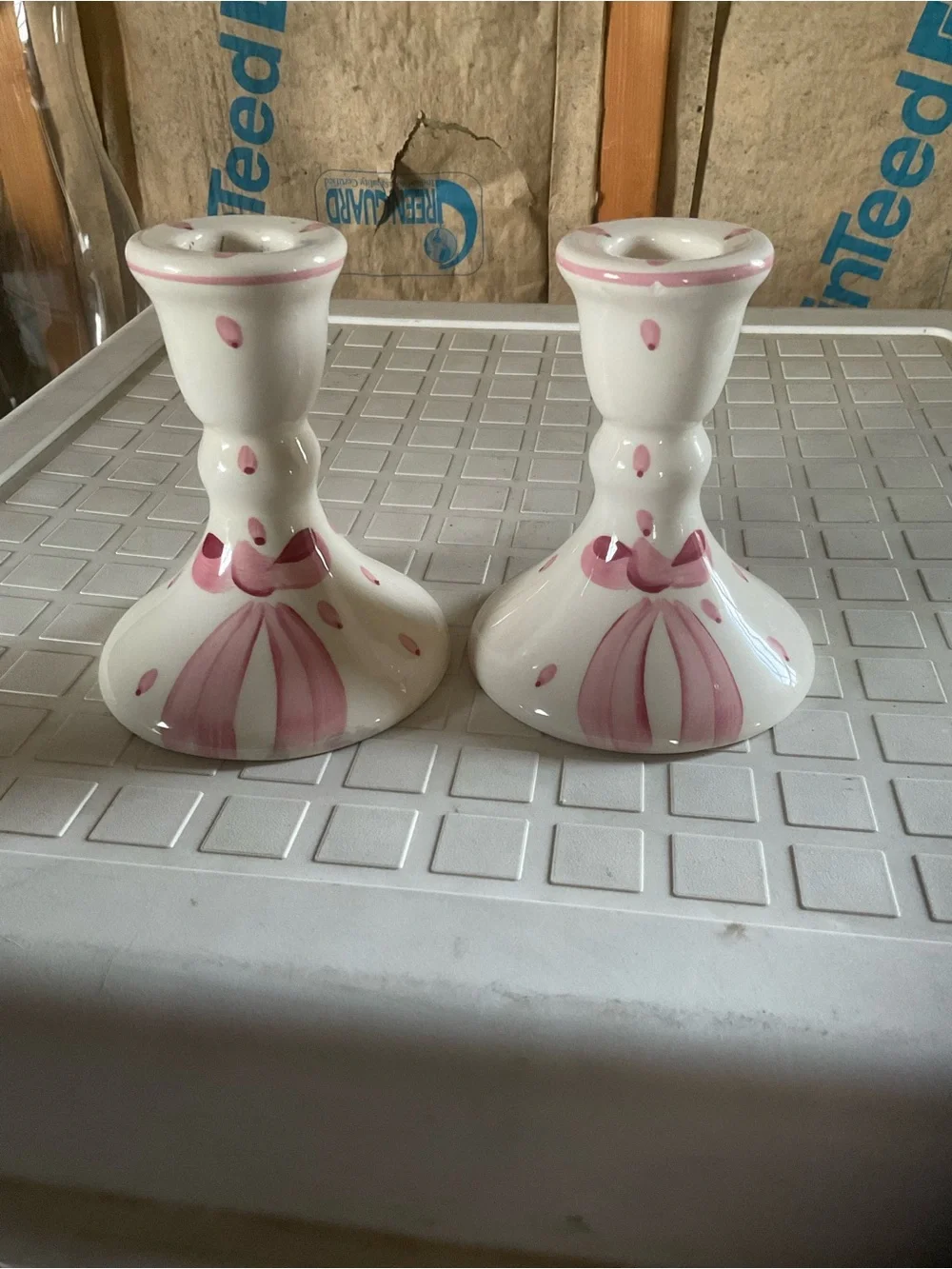 vintage N.S. Gustin Co. hand-painted ceramic candlestick holders